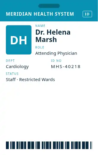 Meridian Health System — ID Card Grid — Employee Badges template