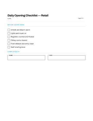 Daily Opening Checklist — Retail — Business Operations template