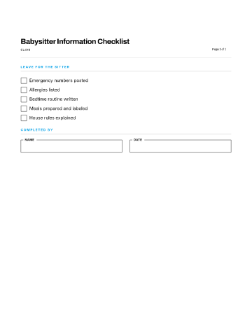 Babysitter Information Checklist — Home & Personal checklist template