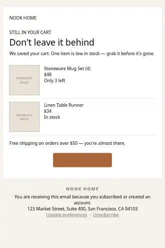 NOOK HOME — Abandoned Cart — Win-back & Cart template
