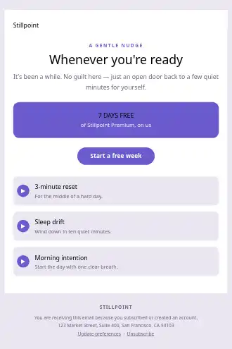 Stillpoint — Re-engagement / Win-back — Win-back & Cart template