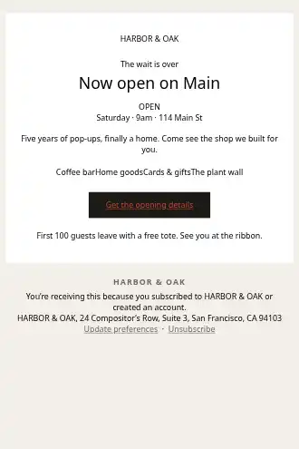 HARBOR & OAK — Grand Opening — Promotions & Sales template