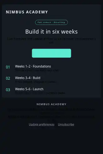 NIMBUS ACADEMY — Class Launch — Product Launches html5 email template