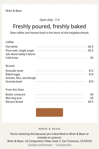 Wren & Bean — Café menu — Menus template