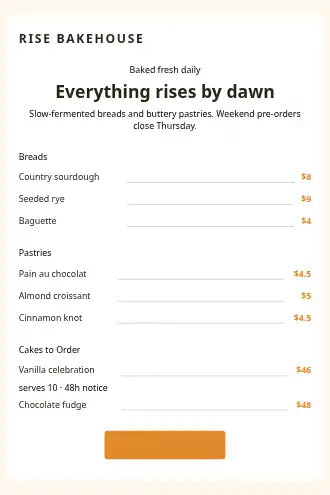 Rise Bakehouse — Bakery menu — Menus template