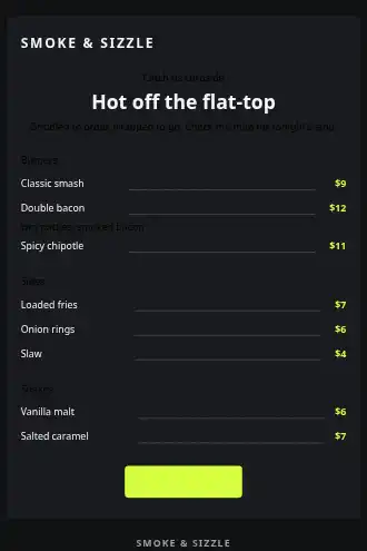Smoke & Sizzle — Food truck menu — Menus template