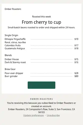 Ember Roasters — Coffee menu — Menus html5 email template