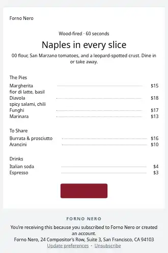 Forno Nero — Pizza menu — Menus html5 email template