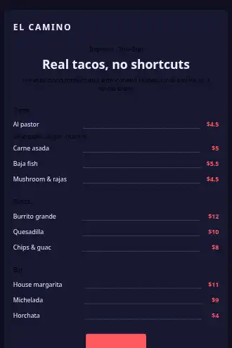 El Camino — Taquería menu — Menus html5 email template