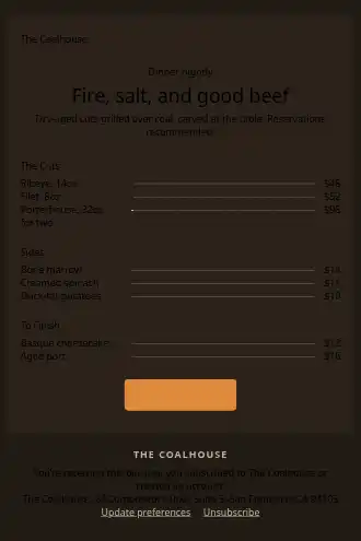 The Coalhouse — Steakhouse menu — Menus html5 email template