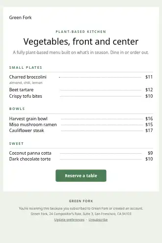 Green Fork — Plant-based menu — Menus html5 email template