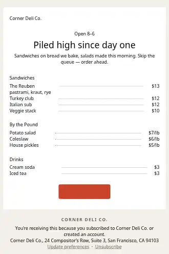 Corner Deli Co. — Deli menu — Menus html5 email template
