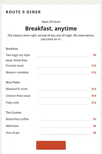 Route 9 Diner — Diner menu — Menus html5 email template