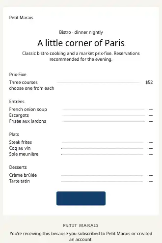 Petit Marais — Bistro menu — Menus html5 email template