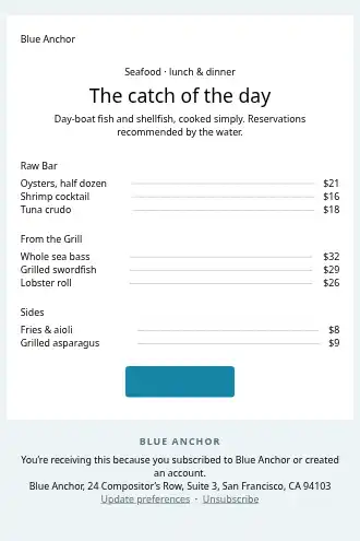 Blue Anchor — Seafood menu — Menus html5 email template