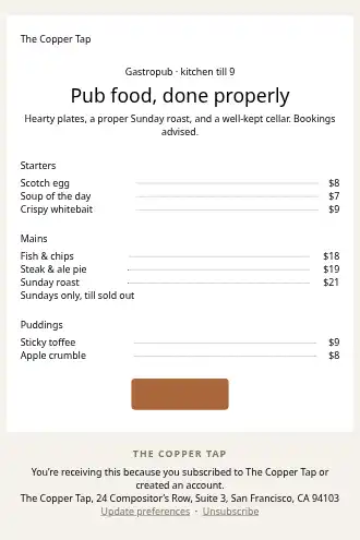 The Copper Tap — Gastropub menu — Menus html5 email template
