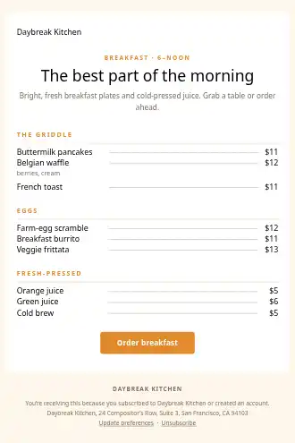 Daybreak Kitchen — Breakfast menu — Menus html5 email template