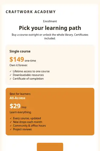 Craftwork Academy — Course pricing — Pricing template