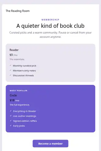 The Reading Room — Membership — Pricing template
