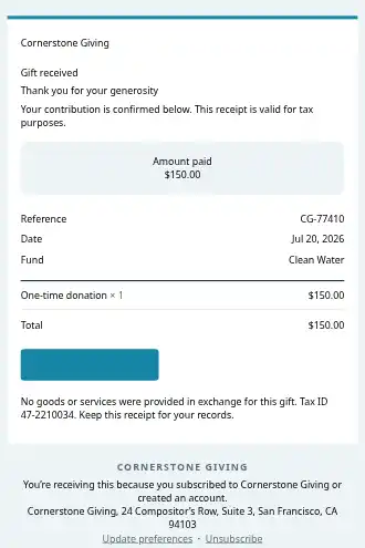 Cornerstone Giving — Donation Receipt — Transactional template