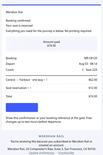 Meridian Rail — Booking Confirmation — Transactional template