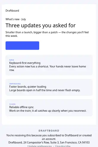Draftboard — Product Update — Product Launches html5 email template