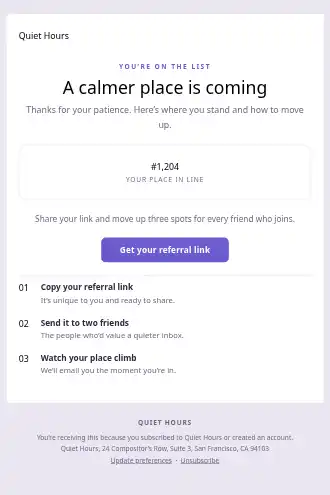 Quiet Hours — Waitlist — Product Launches html5 email template