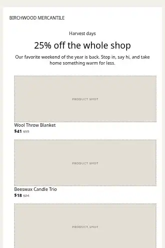 Birchwood Mercantile — Harvest Sale — Promotions & Sales html5 email template