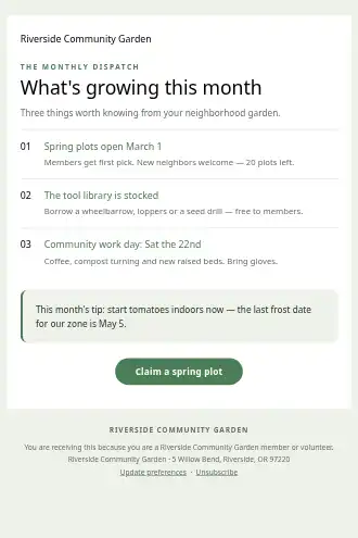 Riverside Community Garden — Monthly Dispatch — Newsletters & Digests html5 email template