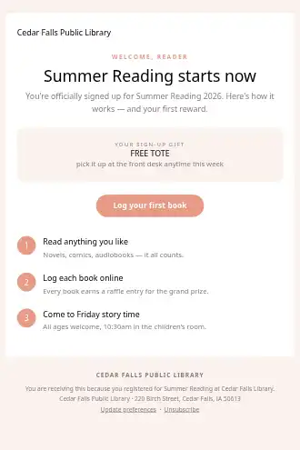 Cedar Falls Library — Summer Reading Welcome — Welcome & Onboarding html5 email template