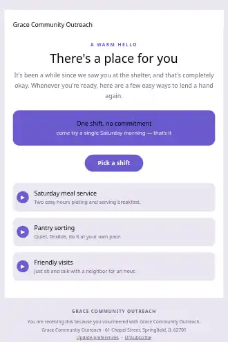 Grace Community Outreach — Volunteer Win-back — Win-back & Cart html5 email template