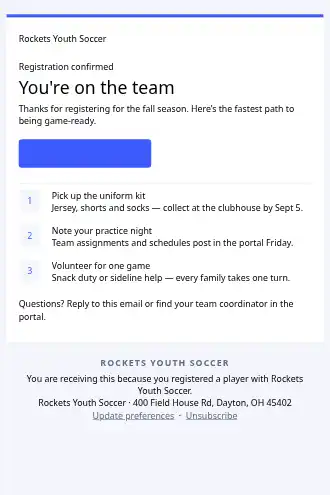 Rockets Youth Soccer — Registration Welcome — Welcome & Onboarding html5 email template