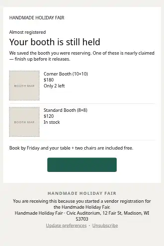 Handmade Holiday Fair — Vendor Booth Reminder — Win-back & Cart html5 email template