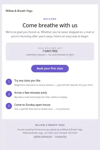 Willow & Breath Yoga — Open House Welcome — Welcome & Onboarding html5 email template