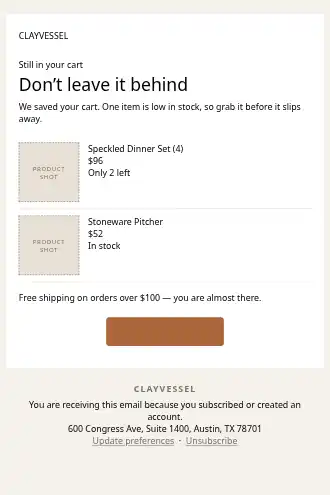 CLAYVESSEL — Abandoned Cart — Win-back & Cart html5 email template