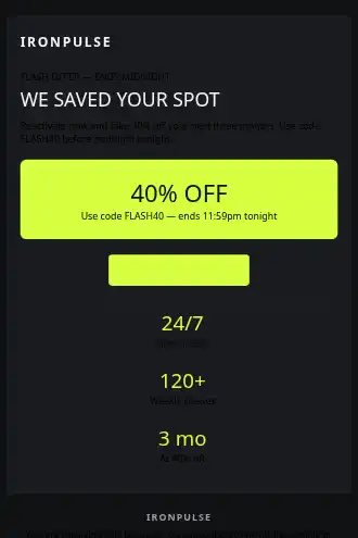 IronPulse — Fitness / Gym promo — Win-back & Cart html5 email template