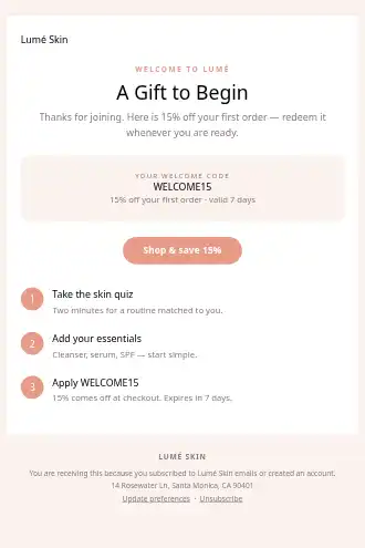 Lumé Skin — Beauty / Skincare promo — Welcome & Onboarding html5 email template