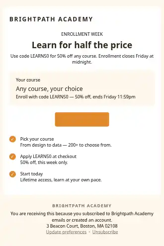 Brightpath Academy — Online Course / Education promo — Welcome & Onboarding html5 email template