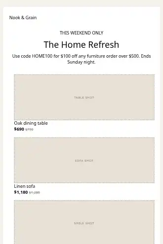 Nook & Grain — Home Goods / Furniture promo — Promotions & Sales html5 email template