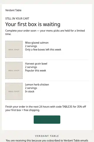 Verdant Table — Meal Kit promo — Win-back & Cart html5 email template