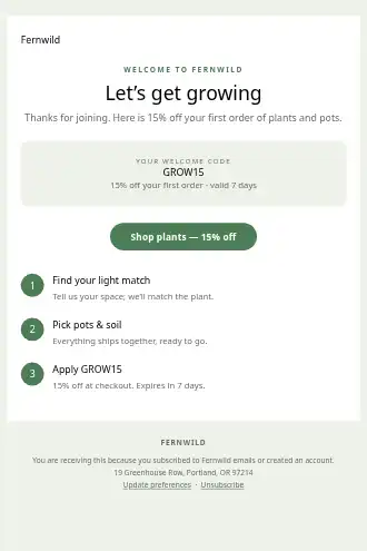 Fernwild — Plants / Garden promo — Welcome & Onboarding html5 email template