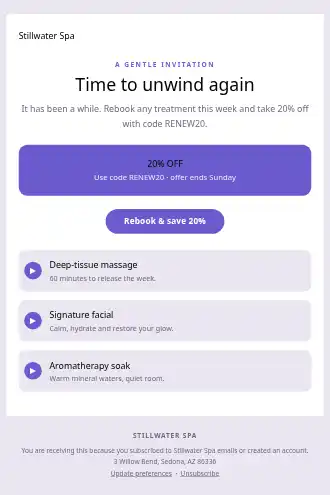 Stillwater Spa — Spa / Wellness promo — Win-back & Cart html5 email template