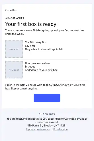 Curio Box — Subscription Box promo — Win-back & Cart html5 email template