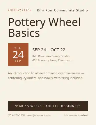 Pottery Wheel Basics — Adult Classes flyer template
