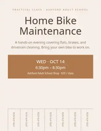 Home Bike Maintenance — Adult Classes flyer template