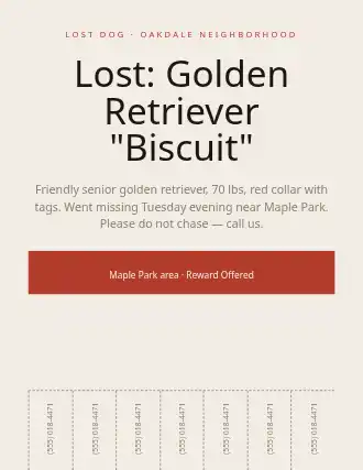 Lost: Golden Retriever "Biscuit" — Lost & Found template