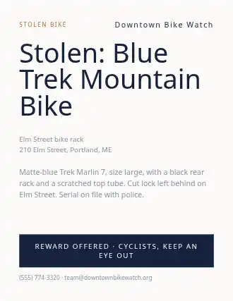 Stolen: Blue Trek Mountain Bike — Lost & Found template