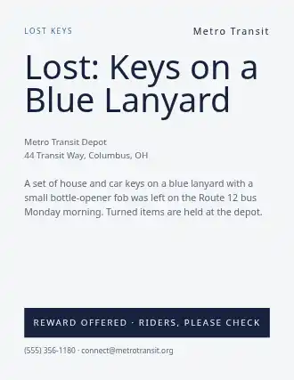 Lost: Keys on a Blue Lanyard — Lost & Found template