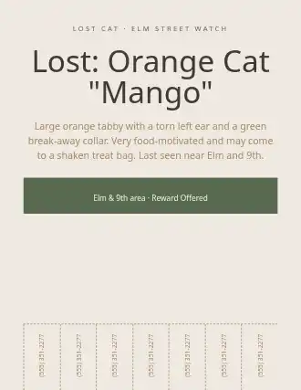 Lost: Orange Cat "Mango" — Lost & Found flyer template