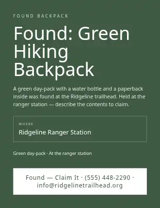 Found: Green Hiking Backpack — Lost & Found flyer template